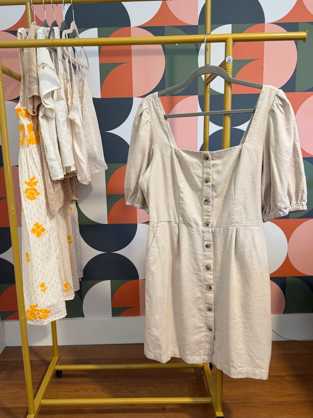 Old Navy Cream Button-Front Puff-Sleeve Mini Dress